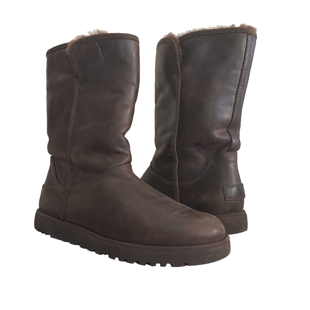 UGG Womens 9 Brown Leather Mid Calf Boots Shearling Lined Cozy Winter Boho Chic